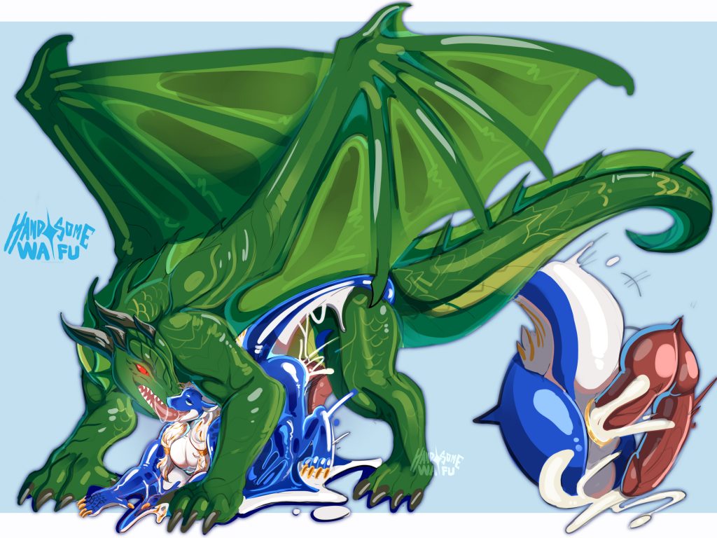 Art showing character of Arios and Keegen fucking and cumming so hard that keegen literally becoming gooey dragon that melt by pleasure- (oh and also tongue kissing yum!) Arios is male green feral european dragon with red eyes and twin dicks and Keegen is a male blue dragon anthro with white underbelly and golden horn, hair highlight and claw.