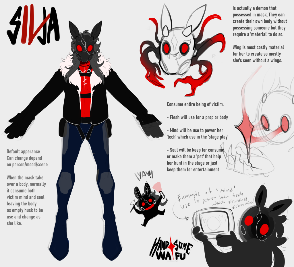 Ref image of Silja alternate universe where she's a demon slasher.

Her design is humanoid short women wearing 'mothman' mask, wearing black jacket with fur and red shirt inside, She's also wearing black biker armor pants with harness + pockets.

She has black hair and red visor/goggle on her mask.

The rest reference sheet is explain the following information

'Default apperance can change depend on person/mood/scene'
'When the mask take over a body, normally it consume both victim mind and soul leaving the body as empty husk to be use and change as she like'

'Consume entire being of victim, Fleash will be use for prop or body, Mind will be use to power her tech which will be use in stage play. Sould will be keep for consume or make them a 'pet' that help her hunt in the stage or keep for entertainment'

'Is actually a demon that possessed in mask, They can create their own body without possessing someone but they require material to do so'

'Wing is most costly material for her to create so mostly she's seen without a wings'